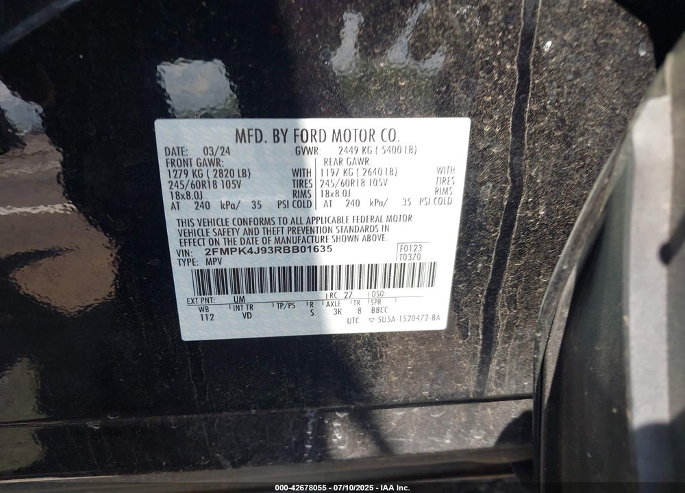 2024 FORD EDGE VIN: 2FMPK4J93RBB01635