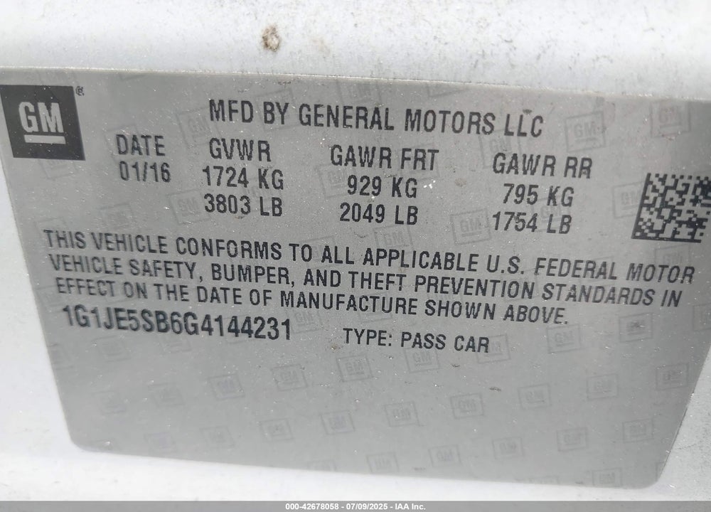 2016 CHEVROLET SONIC VIN: 1G1JE5SB6G4144231