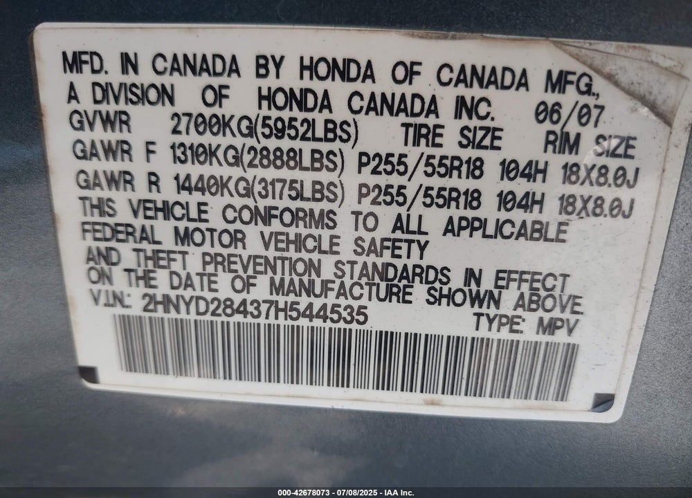 2007 ACURA MDX TECHNOLOGY PACKAGE VIN: 2HNYD28437H544535