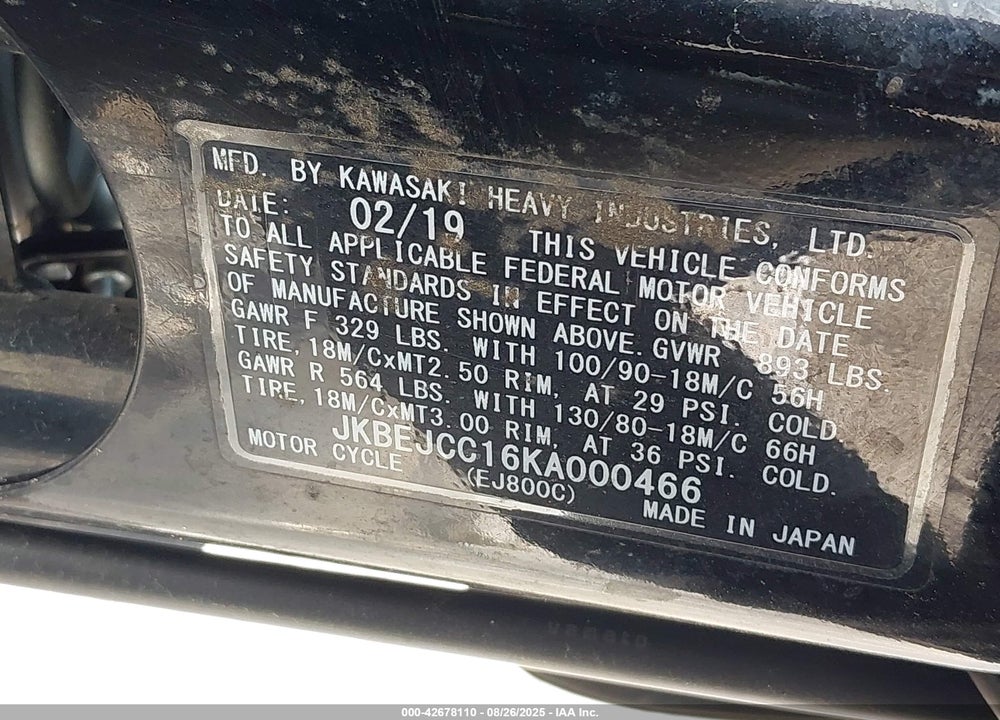 2019 KAWASAKI EJ800 C VIN: JKBEJCC16KA000466
