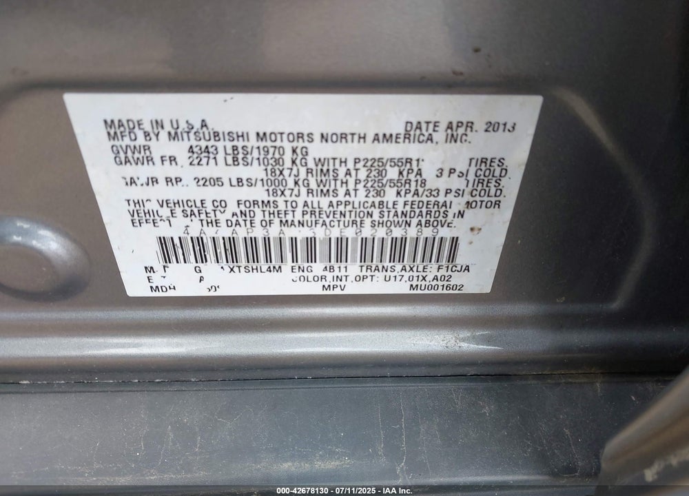 2013 MITSUBISHI OUTLANDER SPORT VIN: 4A4AP3AU3DE020389