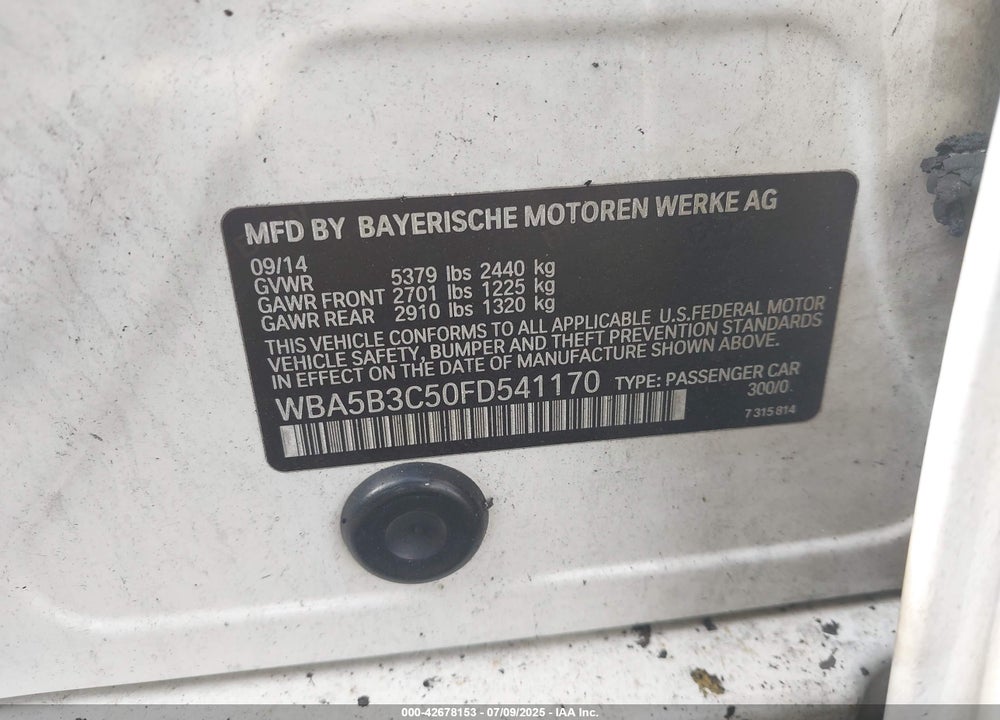 2015 BMW 5 SERIES VIN: WBA5B3C50FD541170