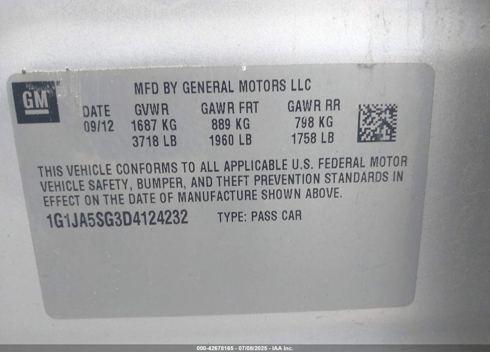 2013 CHEVROLET SONIC VIN: 1G1JA5SG3D4124232