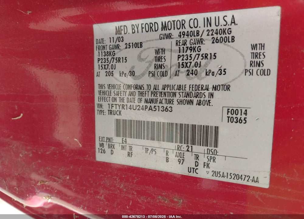 2004 FORD RANGER EDGE/TREMOR/XL/XLT VIN: 1FTYR14U24PA51363
