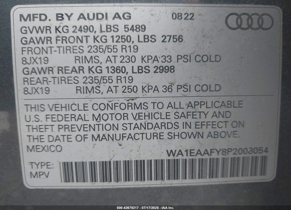 2023 AUDI Q5 PREMIUM PLUS 45 TFSI S LINE QUATTRO VIN: WA1EAAFY8P2008054