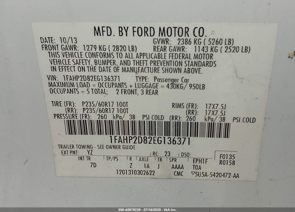 2014 FORD TAURUS VIN: 1FAHP2D82EG136371