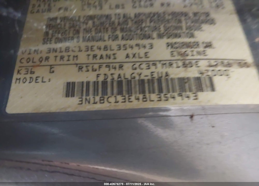 2008 NISSAN VERSA 1.8SL VIN: 3N1BC13E48L354943