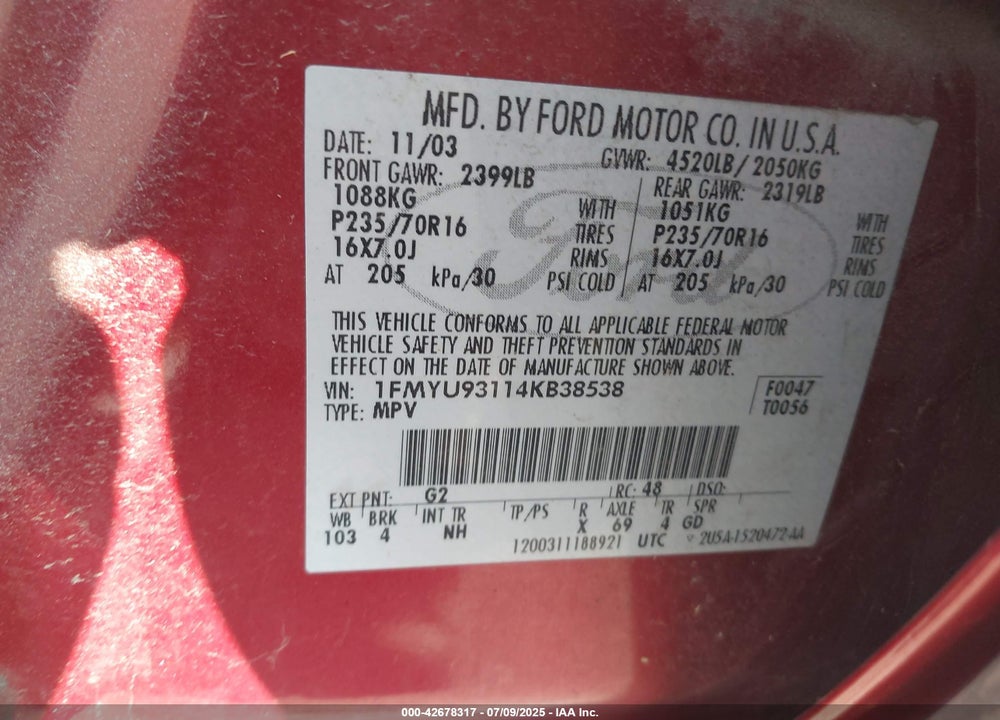 2004 FORD ESCAPE VIN: 1FMYU93114KB38538