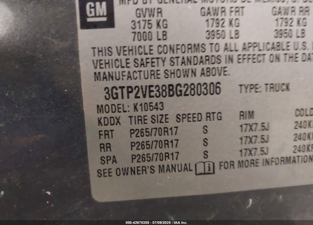 2011 GMC SIERRA 1500 VIN: 3GTP2VE38BG280306
