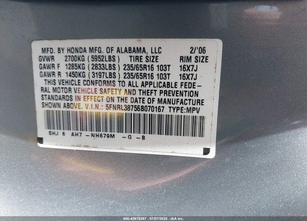2006 HONDA ODYSSEY VIN: 5FNRL38756B070167