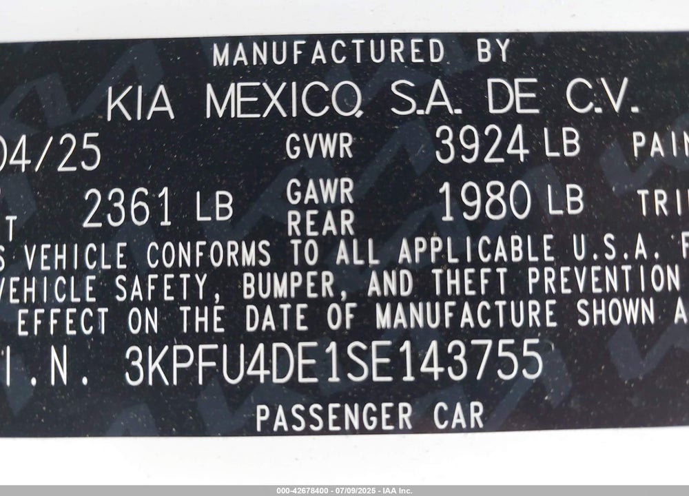 2025 KIA K4 EX VIN: 3KPFU4DE1SE143755