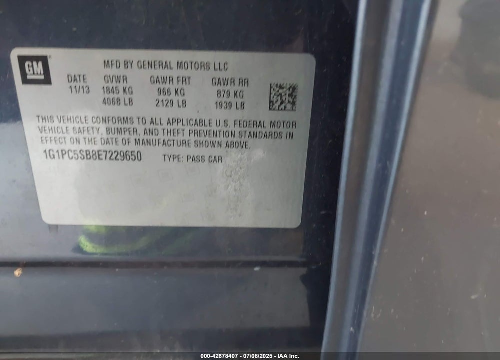 2014 CHEVROLET CRUZE VIN: 1G1PC5SB8E7229650
