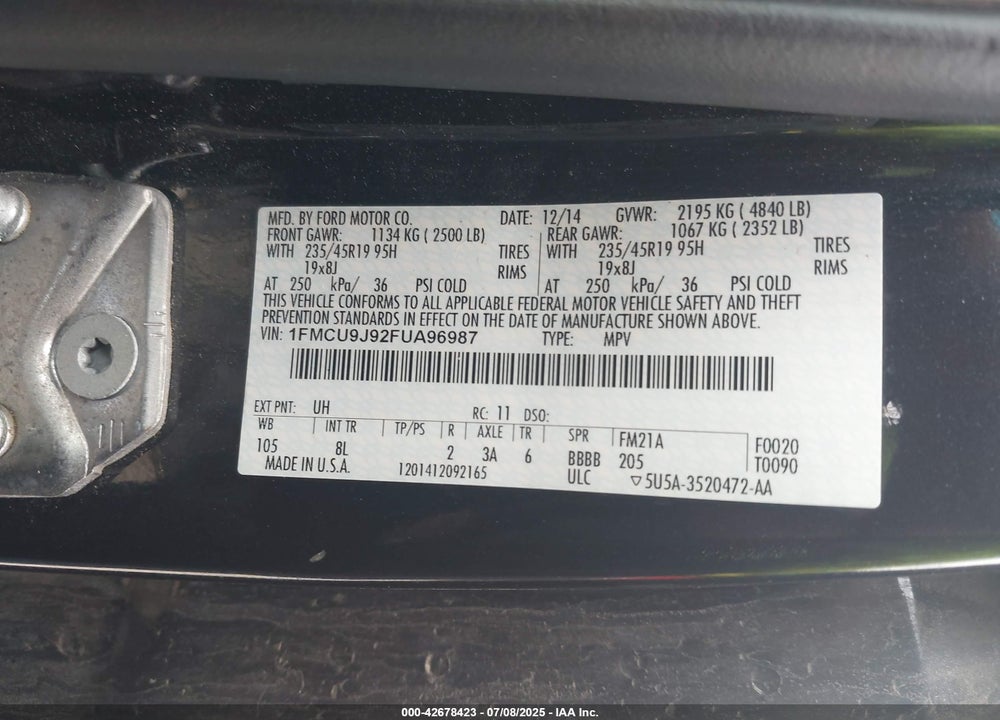 2015 FORD ESCAPE TITANIUM VIN: 1FMCU9J92FUA96987