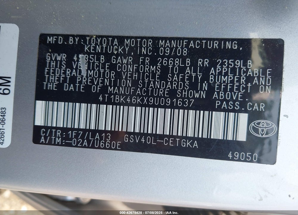 2009 TOYOTA CAMRY VIN: 4T1BK46KX9U091637