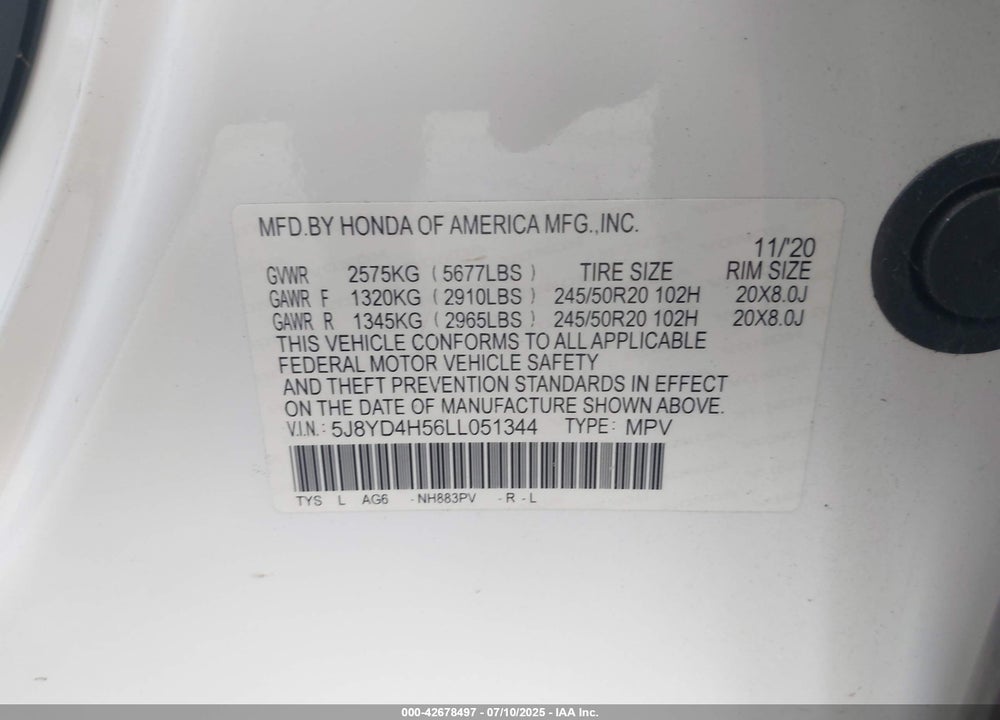 2020 ACURA MDX VIN: 5J8YD4H56LL051344