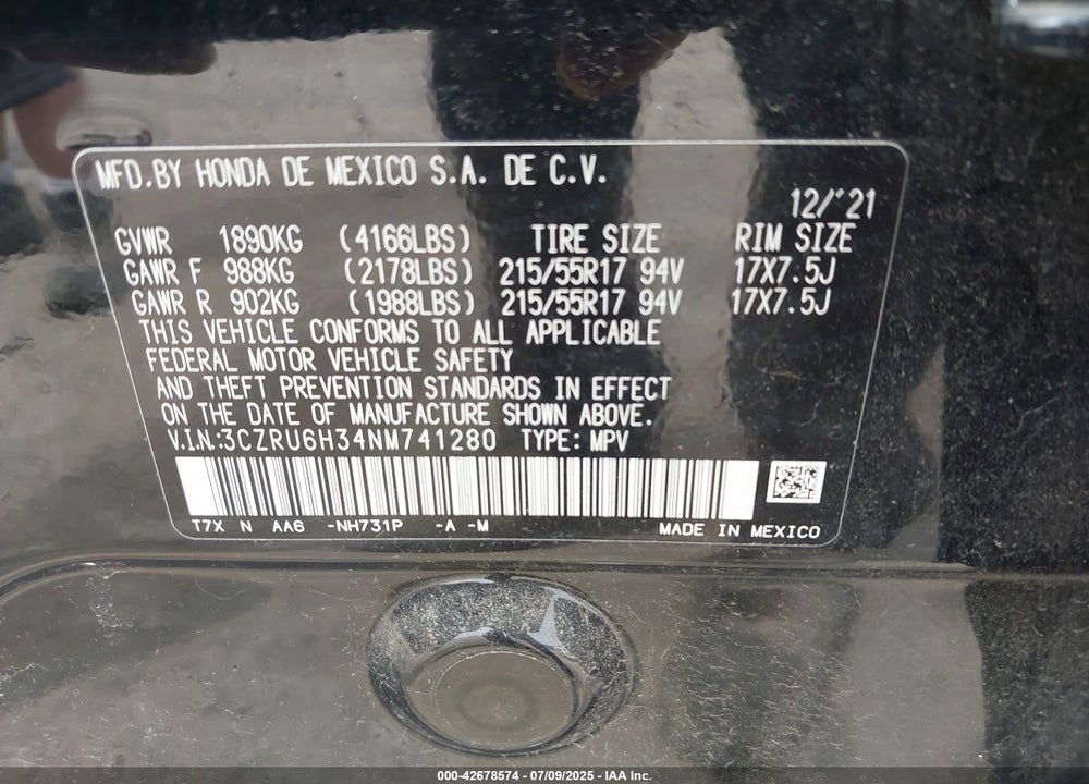 2022 HONDA HR-V VIN: 3CZRU6H34NM741280
