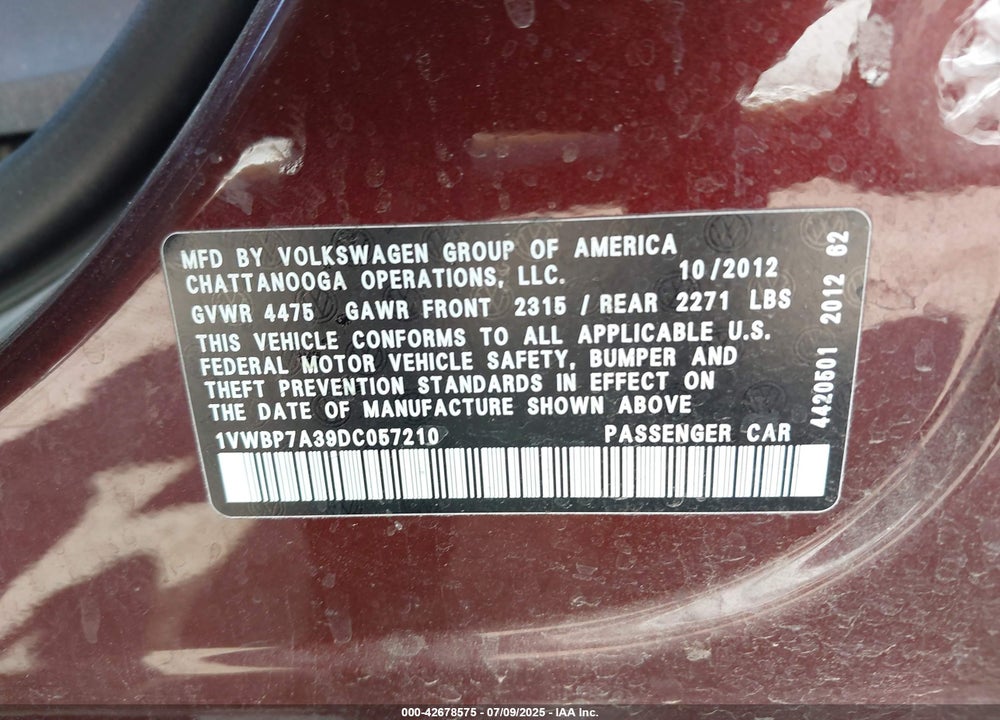 2013 VOLKSWAGEN PASSAT 2.5L SE VIN: 1VWBP7A39DC057210