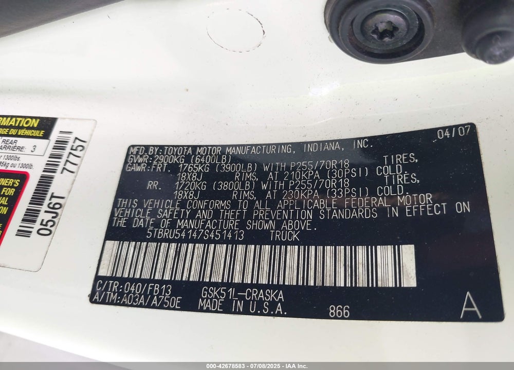 2007 TOYOTA TUNDRA VIN: 5TBRU54147S451413