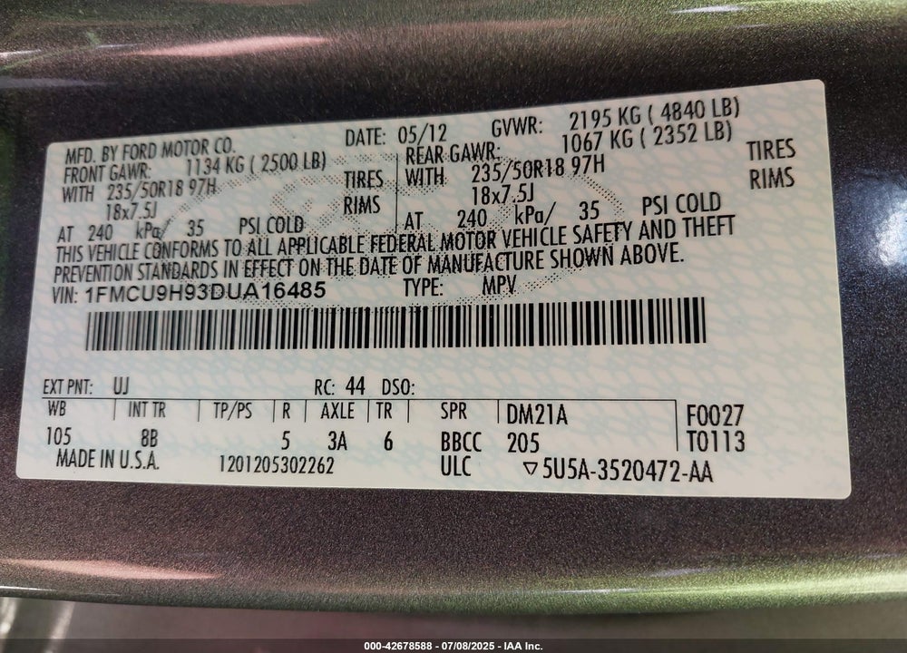 2013 FORD ESCAPE VIN: 1FMCU9H93DUA16485