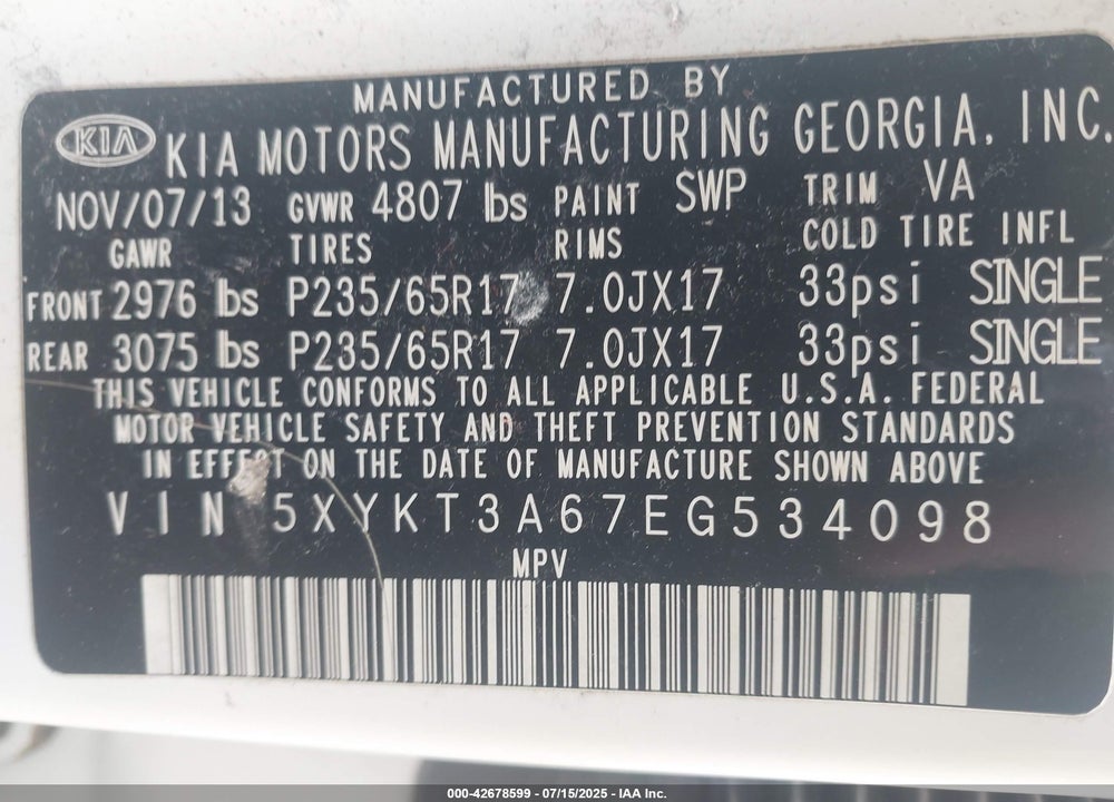 2014 KIA SORENTO VIN: 5XYKT3A67EG534098