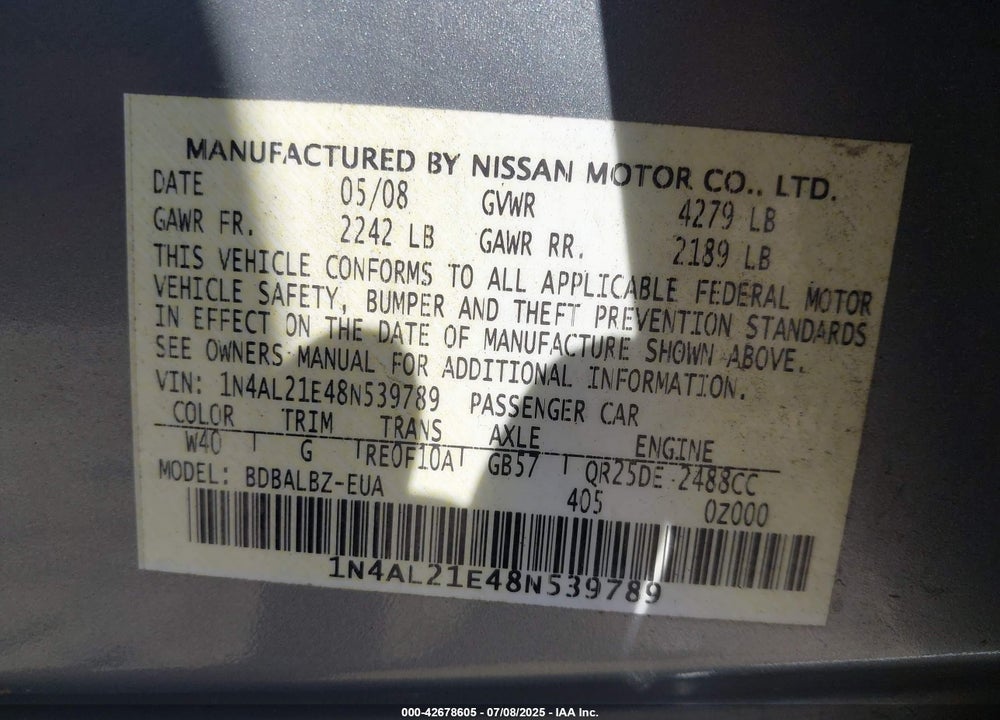2008 NISSAN ALTIMA 2.5 S VIN: 1N4AL21E48N539789