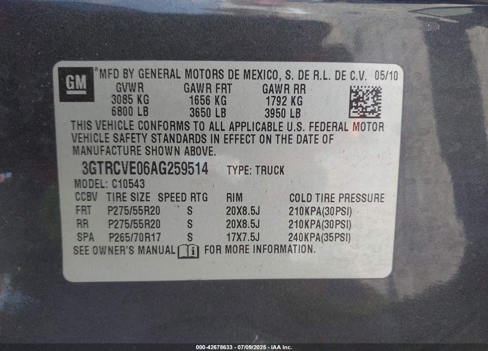 2010 GMC SIERRA 1500 VIN: 3GTRCVE06AG259514