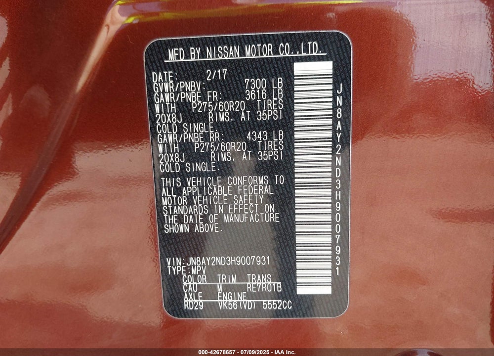 2017 NISSAN ARMADA SL VIN: JN8AY2ND3H9007931