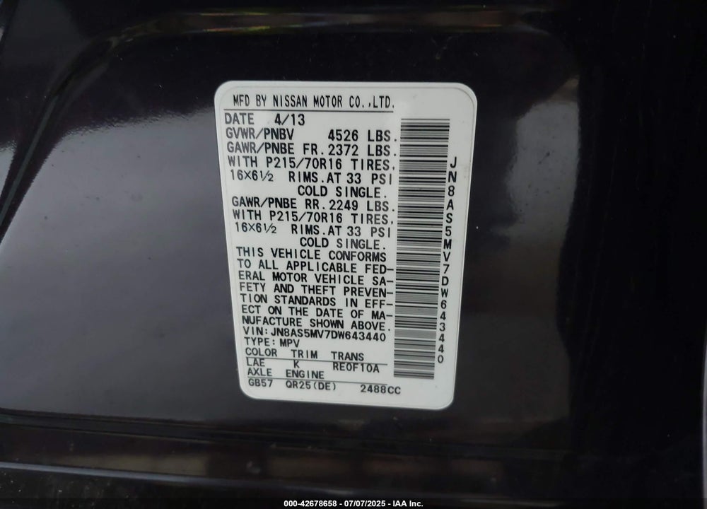 2013 NISSAN ROGUE VIN: JN8AS5MV7DW643440