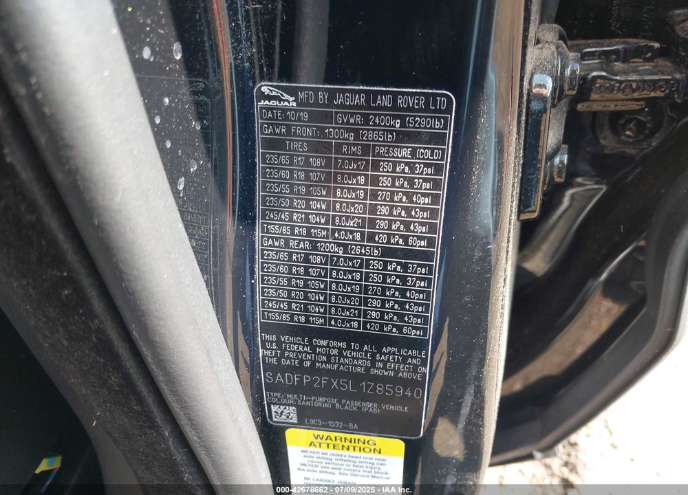 2020 JAGUAR E-PACE VIN: SADFP2FX5L1Z85940