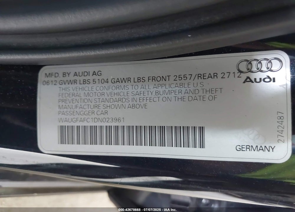 2013 AUDI A6 VIN: WAUGFAFC1DN023961