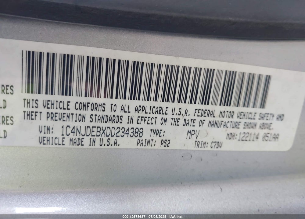 2013 JEEP COMPASS VIN: 1C4NJDEBXDD234388