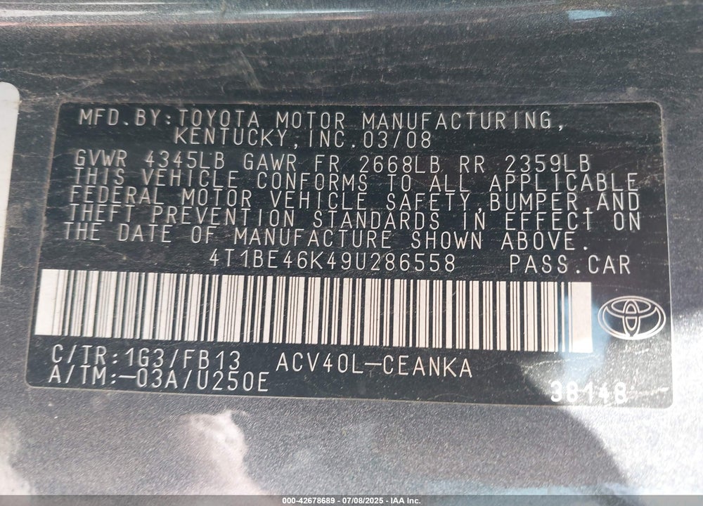 2009 TOYOTA CAMRY VIN: 4T1BE46K49U286558