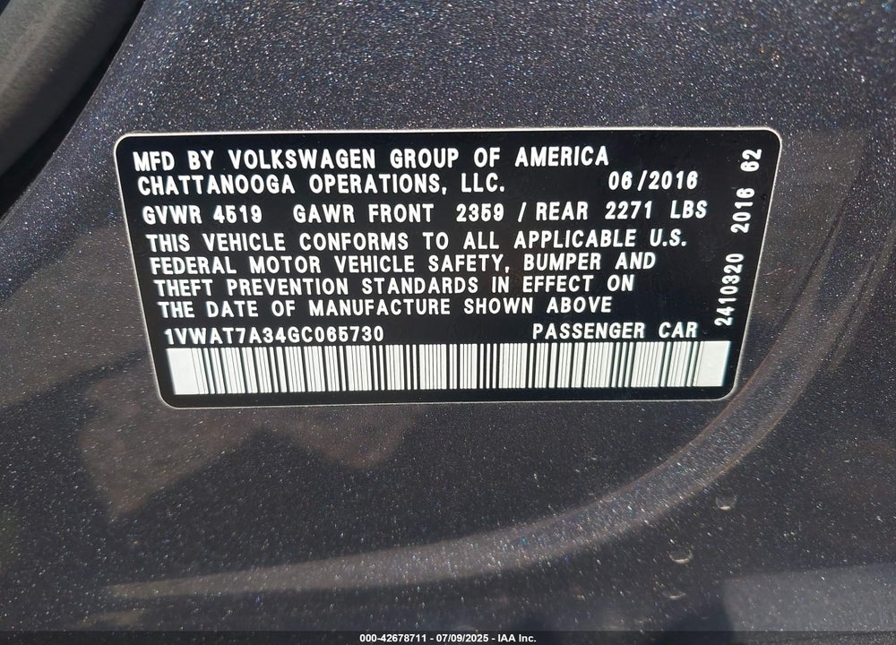 2016 VOLKSWAGEN PASSAT VIN: 1VWAT7A34GC065730