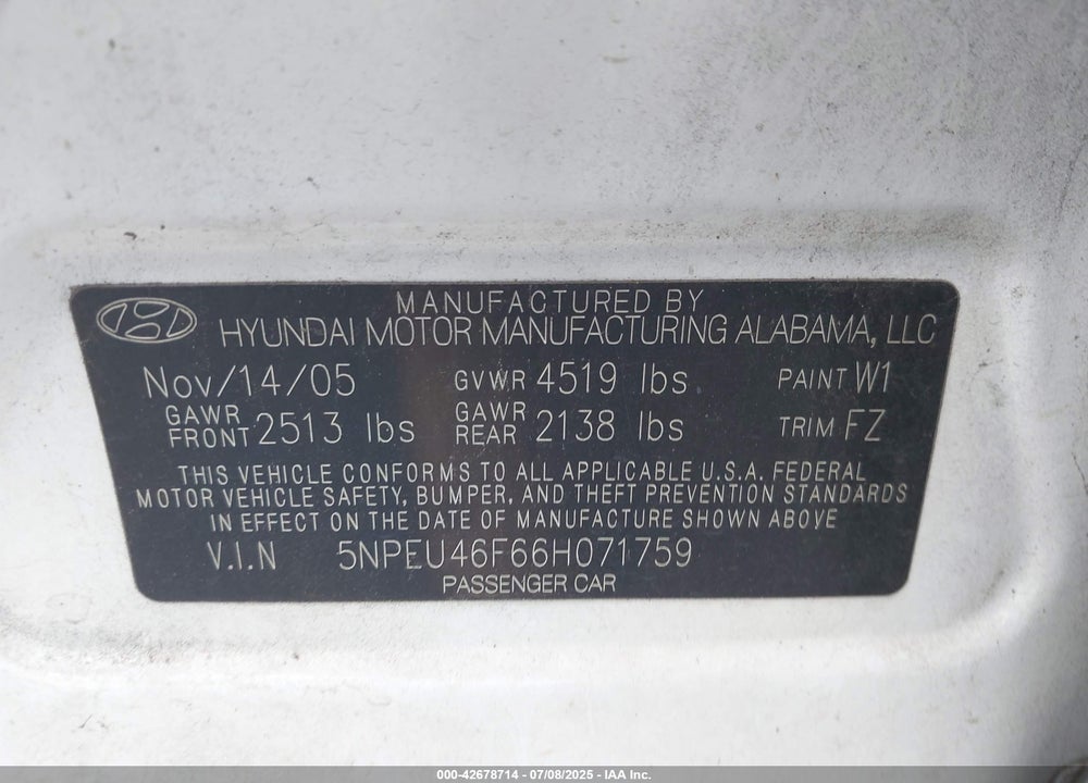 2006 HYUNDAI SONATA VIN: 5NPEU46F66H071759