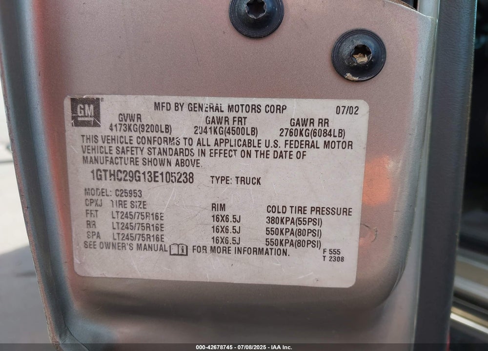 2003 GMC SIERRA 2500HD SLE VIN: 1GTHC29G13E105238