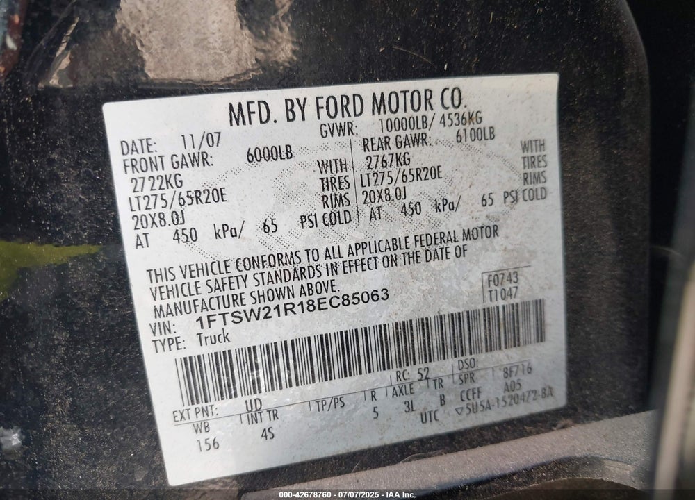 2008 FORD F-250 FX4/HARLEY-DAVIDSON/KING RANCH/LARIAT/XL/XLT VIN: 1FTSW21R18EC85063