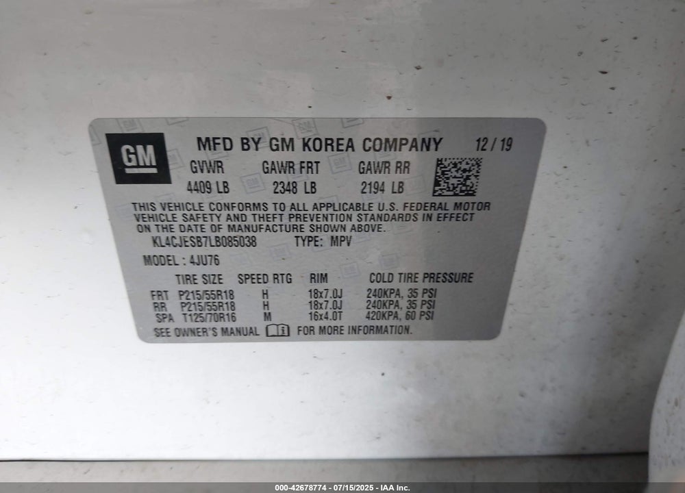 2020 BUICK ENCORE VIN: KL4CJESB7LB085038