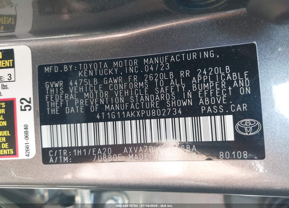 2023 TOYOTA CAMRY SE VIN: 4T1G11AKXPU802734