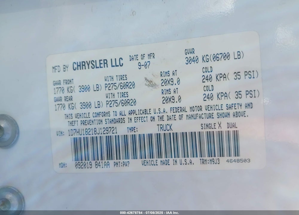 2008 DODGE RAM 1500 VIN: 1D7HU18218J129721