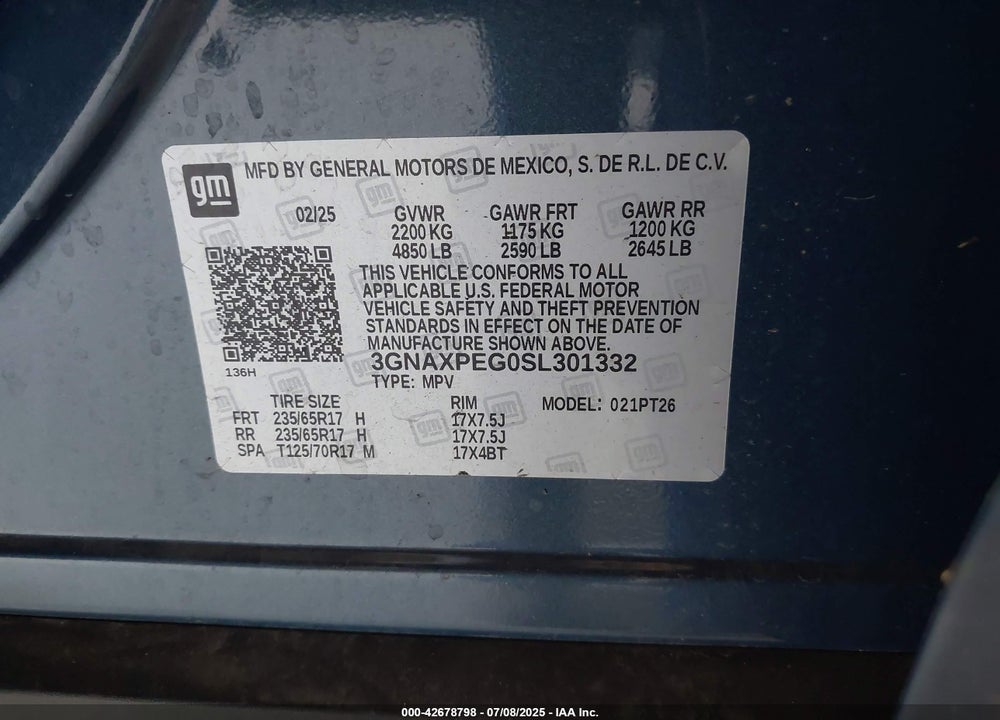 2025 CHEVROLET EQUINOX VIN: 3GNAXPEG0SL301332