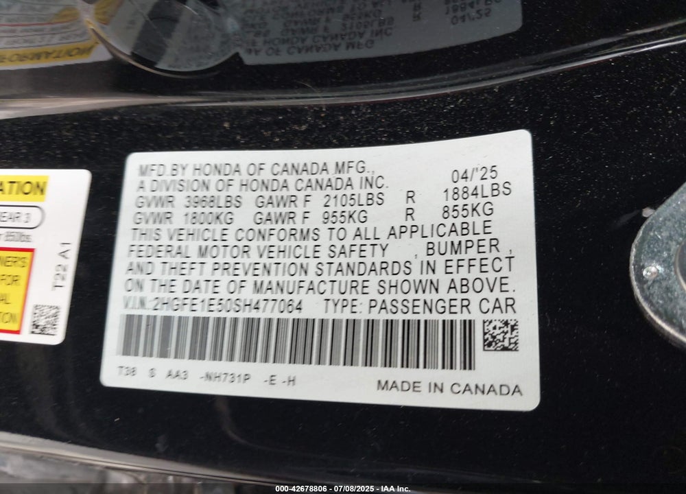2025 HONDA CIVIC VIN: 2HGFE1E50SH477064