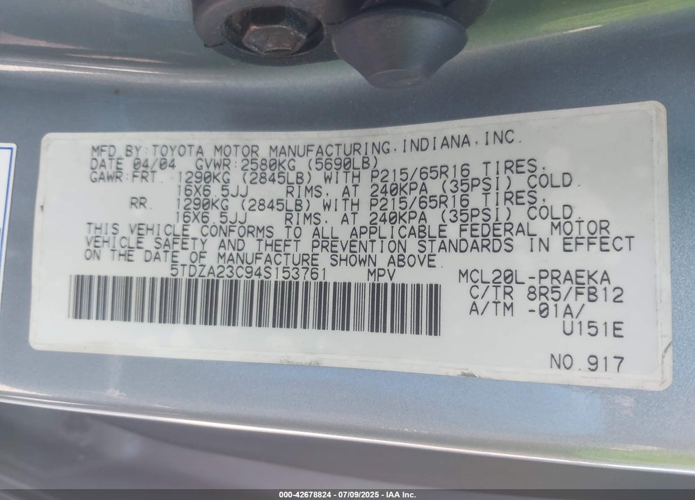 2004 TOYOTA SIENNA LE VIN: 5TDZA23C94S153761