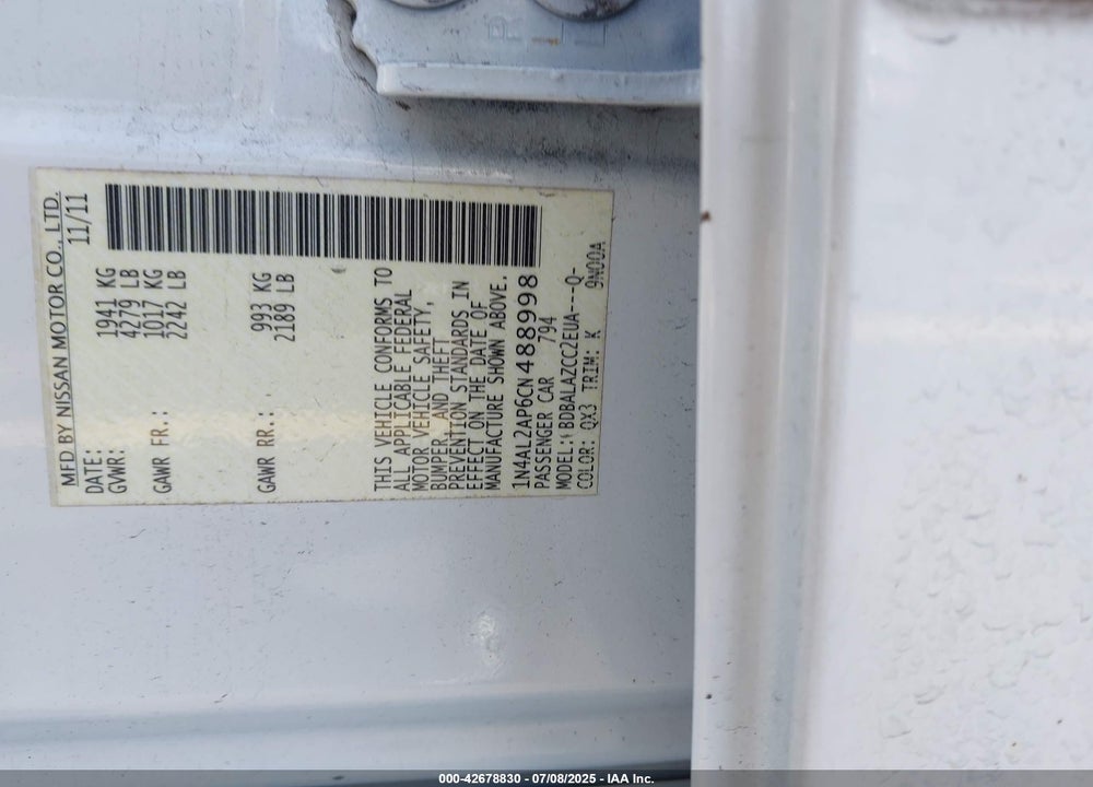 2012 NISSAN ALTIMA VIN: 1N4AL2AP6CN488998