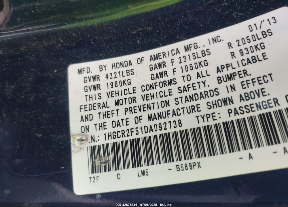 2013 HONDA ACCORD VIN: 1HGCR2F51DA092738
