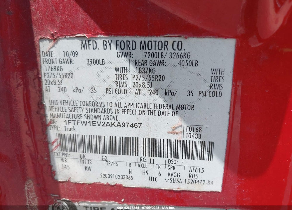 2010 FORD F-150 VIN: 1FTFW1EV2AKA97467