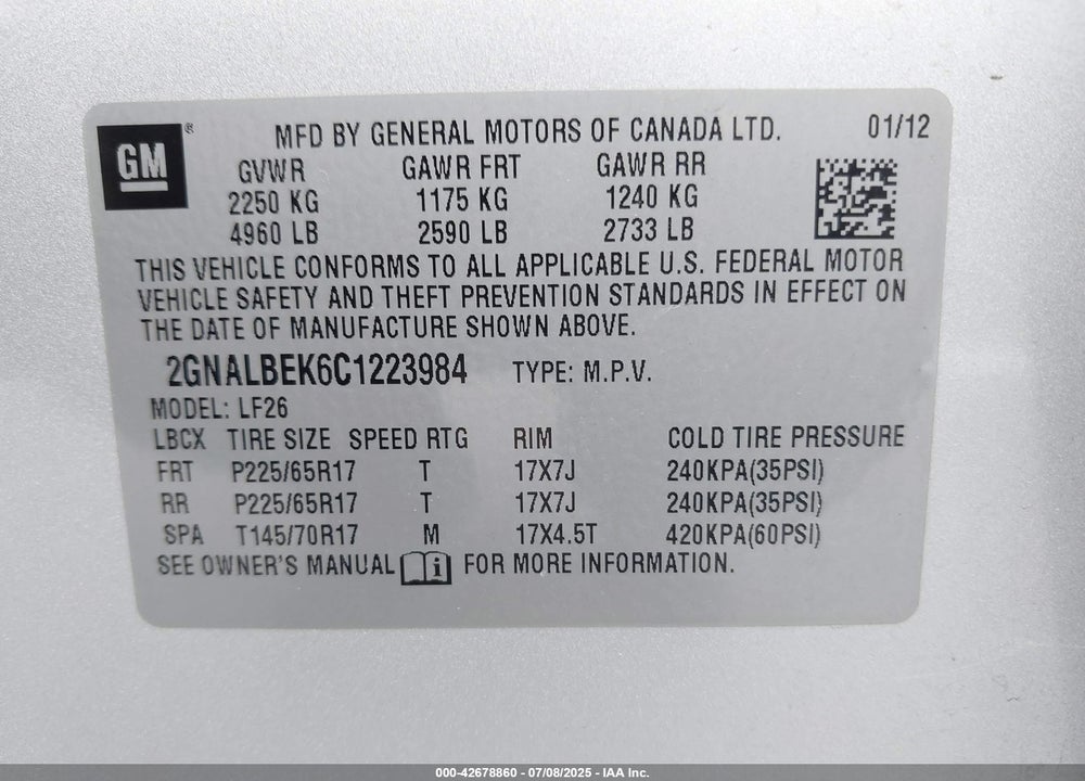 2012 CHEVROLET EQUINOX VIN: 2GNALBEK6C1223984