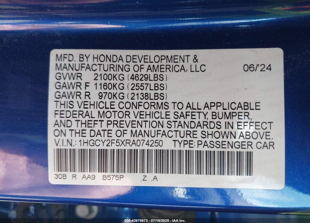 2024 HONDA ACCORD VIN: 1HGCY2F5XRA074250