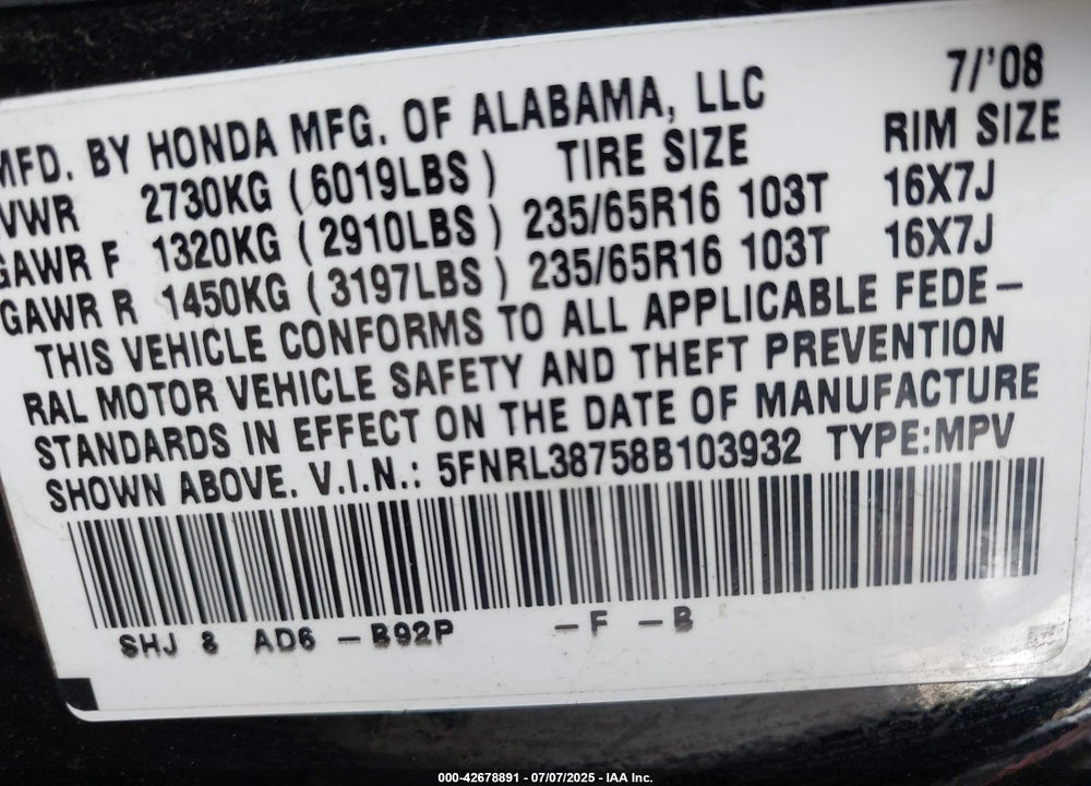 2008 HONDA ODYSSEY VIN: 5FNRL38758B103932