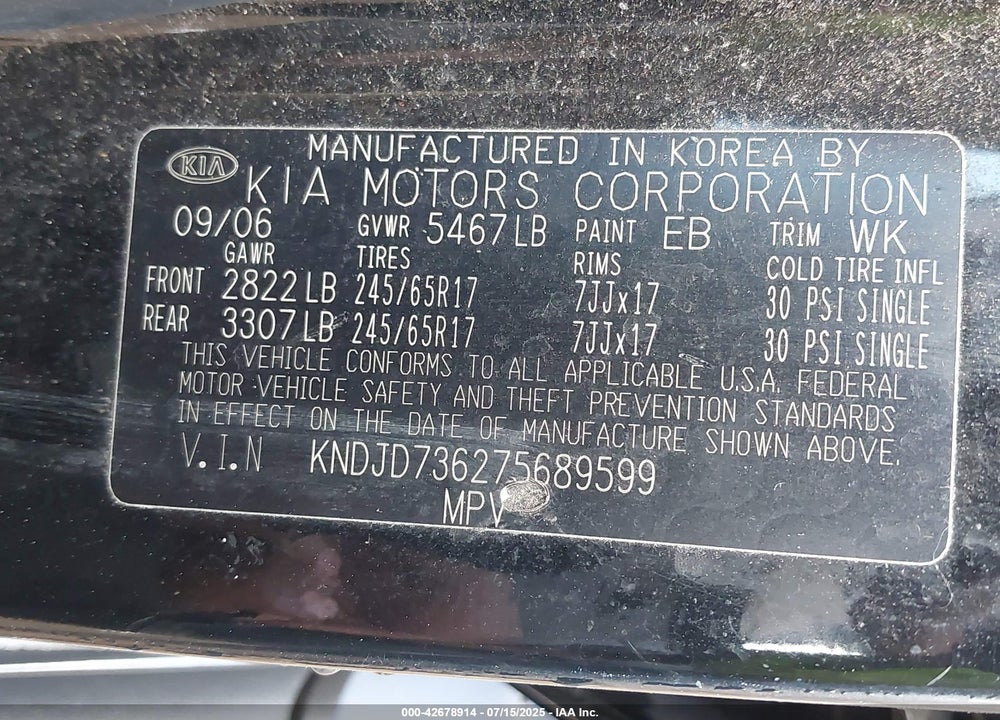 2007 KIA SORENTO VIN: KNDJD736275689599