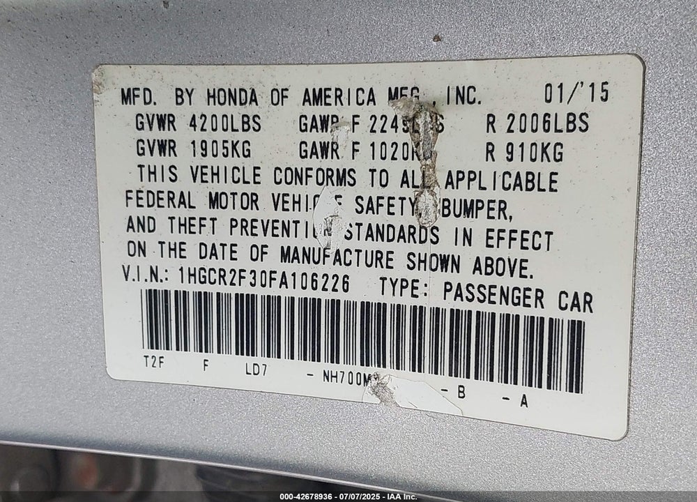 2015 HONDA ACCORD VIN: 1HGCR2F30FA106226